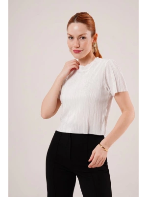 Fitilli Kısa Kollu Parlak Beyaz Bluz