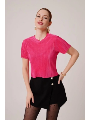 Fitilli Kısa Kollu Parlak Fuşya Bluz