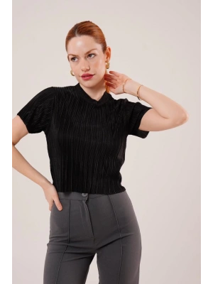 Fitilli Kısa Kollu Parlak iyah Bluz