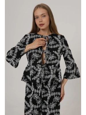 Fiyonk Bağlamalı Brode Bluz  Siyah