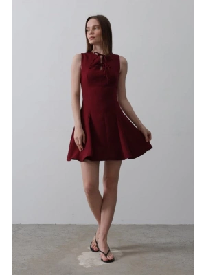 Fiyonk Detay Sıfır Kollu ini Elbise  Bordo