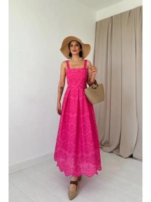 Fuşya Askılı Aparatlı Brode Elbise