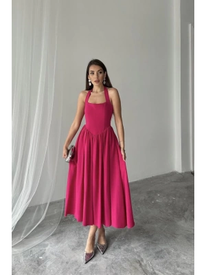 Fuşya Boyundan Bağlamalı Keten Elbise