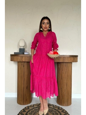 Fuşya Dantelli New Elbise