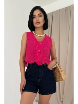Fuşya ıfır Kol Brode Bluz