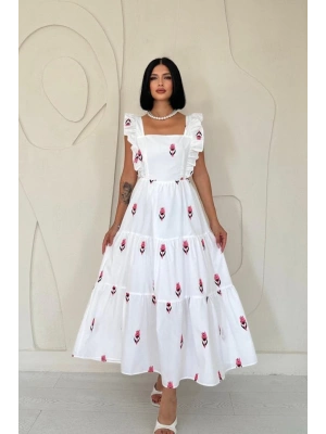 Fuşya ıfır Kol Fırfırlı Elbise