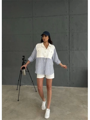 GABARDİN ŞORT  GABARDİN  ÇİZGİİ KETEN GARNİİ CEKET TAKI  acivert