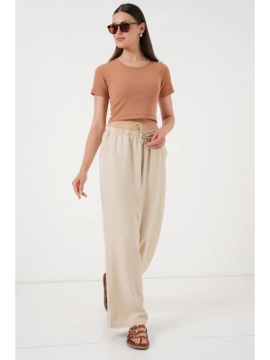 Geniş Paça Keten Pantolon 6735  Krem