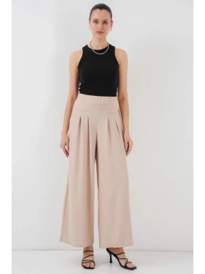 Geniş Paça Pileli Pantolon 6718  Krem