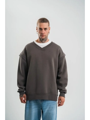 Geniş V Yaka Kol Ribana Detaylı weathirt  Füme