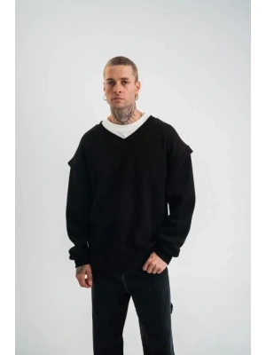 Geniş V Yaka Kol Ribana Detaylı weathirt  iyah