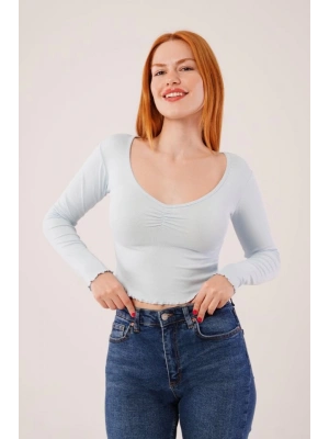 Geniş Yaka Bebe Mavisi Basic Body Bluz