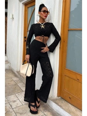 Göğüs Bağcık Detaylı Ajurlu Bluz Pantolon Takım 10098