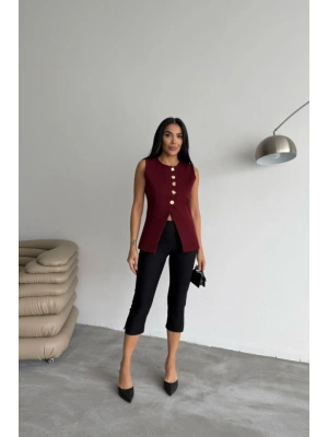 GOLD DÜĞE DETAYLI YELEK  Bordo