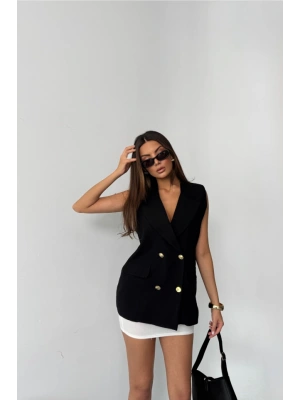 GOLD DÜĞELİ KETEN YELEK  iyah