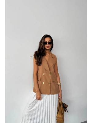 GOLD DÜĞELİ KETEN YELEK  Kahverengi