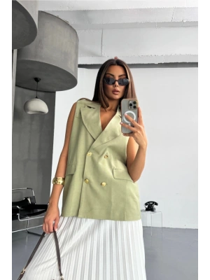 GOLD DÜĞELİ KETEN YELEK  Yeşil