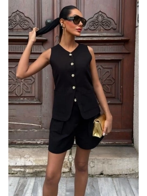 Gold Düğme Detaylı Yelek Şort Cotton Takım 1013417