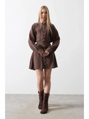 Gold Rengi Düğme Detaylı Elbise  Kahve