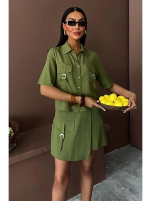 Gömlek Şort Etek Viscon Keten Takım 10162