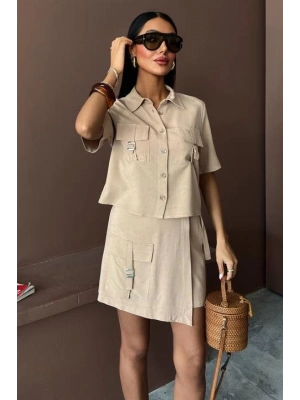 Gömlek Şort Etek Viscon Keten Takım 10162