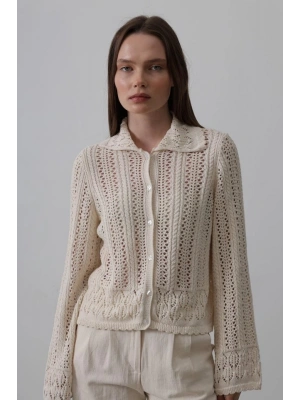 Gömlek Yaka Uzun Kol Triko  Ekru