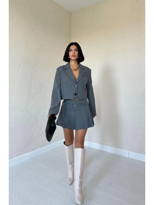 Gri Bomber Ceket Ve Pileli Etek Takım