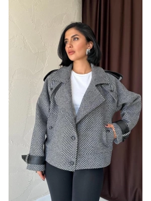 Gri Çizgili Deri Garnili Ceket
