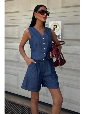 Gümüş Düğmeli Yelek Ve Şort Tensel Takım 10174