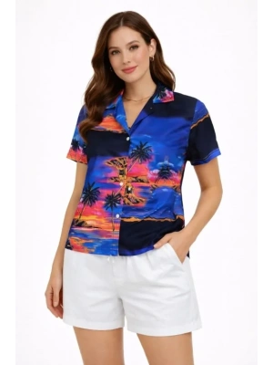 Gün Batımı Tropikal Desenli Kısa Kol Gömlek Şort Takım Yazlık Rahat Kalıp  Desenli