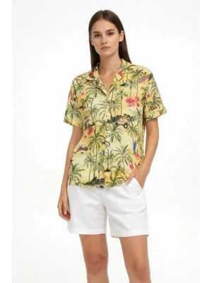 Gün Batımı Tropikal Desenli Kısa Kol Gömlek Şort Takım Yazlık Rahat Kalıp  Desenli