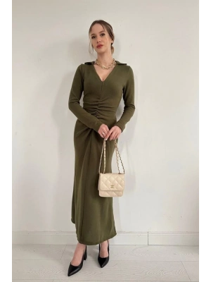 Haki Büzgülü Triko Balık Elbise