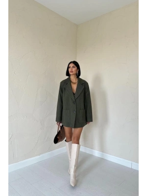 Haki Çizgili Oversize Ceket