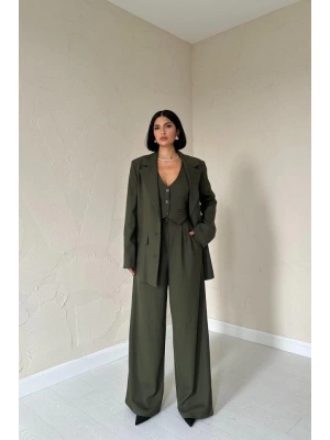 Haki Klas Ceket Ve Yelek Ve Pantolon Takım