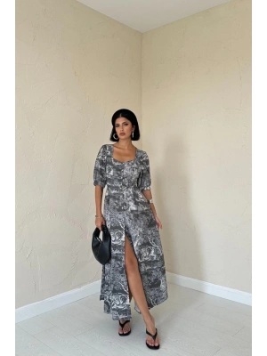 Haki Önü Düğmeli Kalp Yaka Elbise