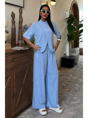 Hakim Yaka Çapraz Düğmeli Plazzo Pantolon Viscon Keten Takım 10091