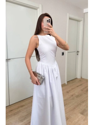 ifir Kol Beli Oturtmalı Kolsuz Uzun Elbise  Beyaz