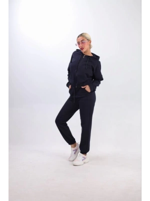 Iki Iplik Kapüşonlu Fermuarlı Crop Oversize Hırka Takım acivert