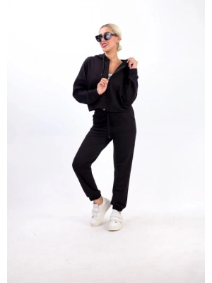 Iki Iplik Kapüşonlu Fermuarlı Crop Oversize Hırka Takım Siyah