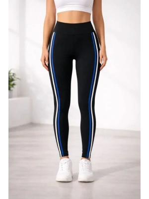 ikralı Yan Beyaz avi Şeritli Detaylı Tayt  iyah