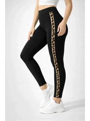 ikralı Yan eopar Şeritli Detaylı Tayt  iyah