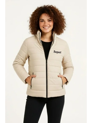 ikro u İtici Kapitone Baskılı Astarlı Fermuarlı Bomber ont  Bej