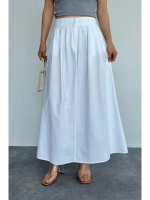 İnce Pileli Düz Etek  Beyaz