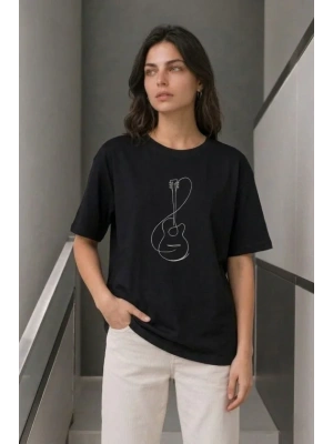 inimal Gitar Baskılı Tişört Thirt Yazlık Kısa Kol Bisiklet Yaka Thirt  iyah