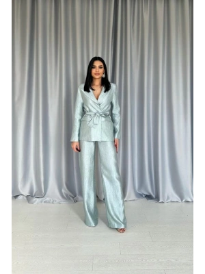 int Beli Kuşaklı Ceket Ve Pantolon Parlak Takım