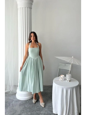 int Boyundan Bağlamalı Keten Elbise