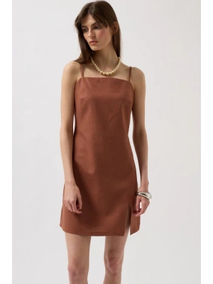 İp Askılı Yırtmaç Detay Keten ini Elbise