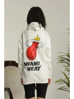 ırt Baskılı Oversize Üç İplik Kapüşonlu weatshirt  Beyaz