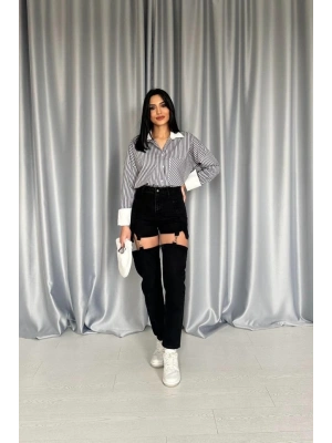 Siyah Askılı İki Parça Jeans Pantolon