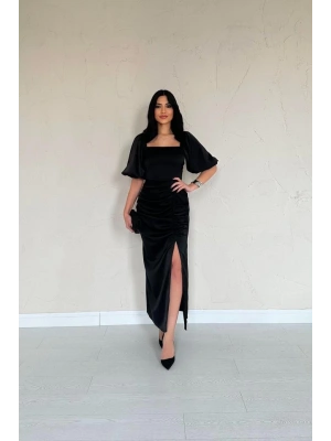 Siyah Büzgülü Saten Elbise